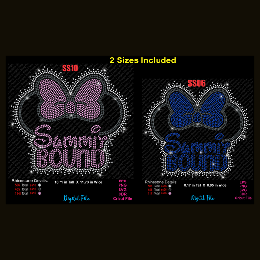 Digital product preview showing two rhinestone-style Disney Minnie Mouse-inspired bow designs with the text 'SUMMIT BOUND' on a black background, labeled SS10 and SS06, with '2 Sizes Included' at the top and file format details at the bottom.