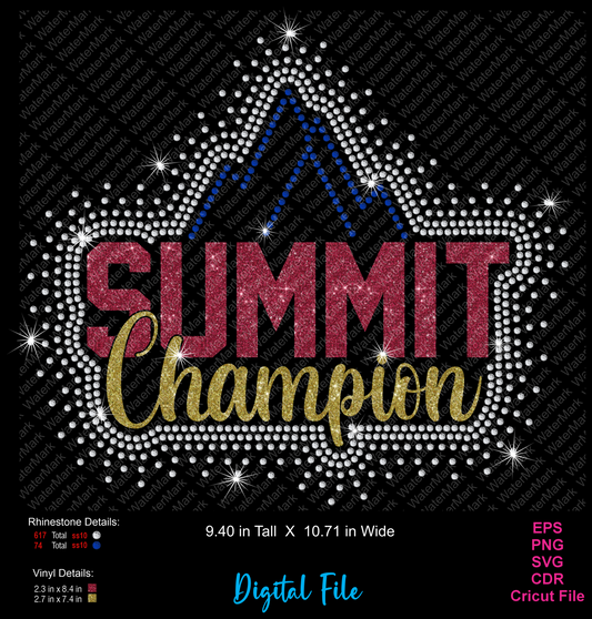 Digital graphic design file featuring the words 'SUMMIT Champion' in glittery pink and gold lettering, surrounded by a large diamond-shaped outline of rhinestones with a blue mountain peak at the top, on a black background with file details and format labels.