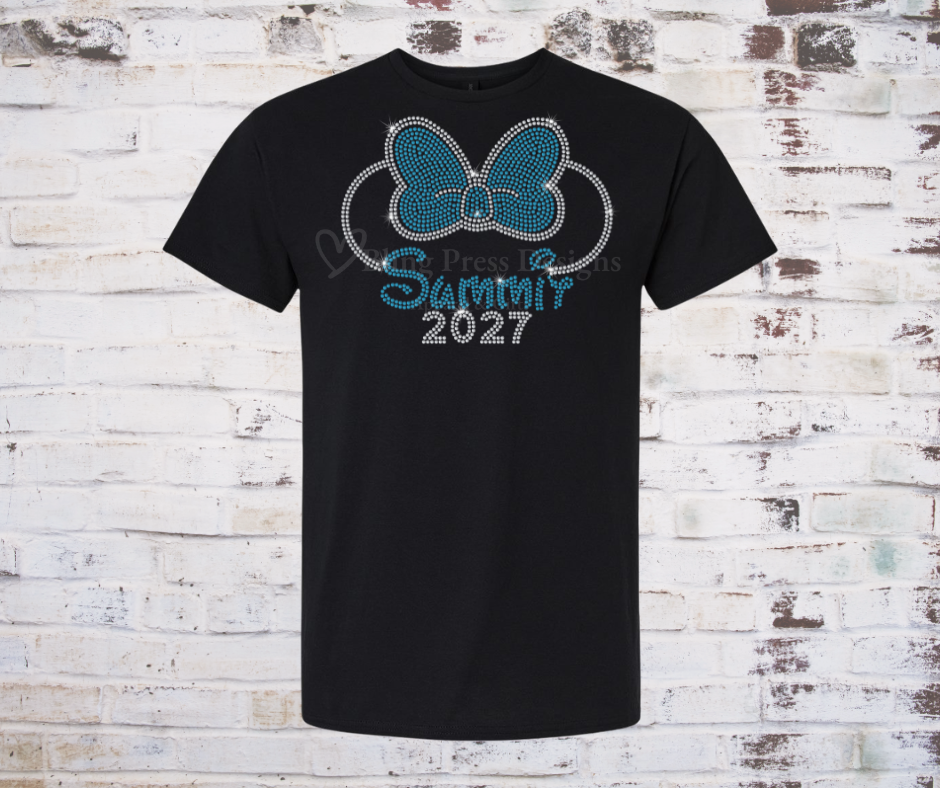 Black T-shirt featuring a blue and crystal rhinestone Minnie-inspired bow design with "Summit 2027" in sparkling rhinestones, perfect for cheer summit apparel.