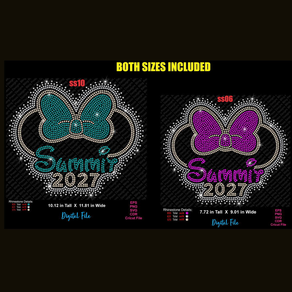 Digital file preview showing two sizes of a rhinestone MNNIE Mouse head design with the text 'SUMMIT 2027' on a black background. The left design is teal and the right is purple, with text reading 'BOTH SIZES INCLUDED' at the top.