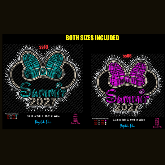 Digital file preview showing two sizes of a rhinestone MNNIE Mouse head design with the text 'SUMMIT 2027' on a black background. The left design is teal and the right is purple, with text reading 'BOTH SIZES INCLUDED' at the top.