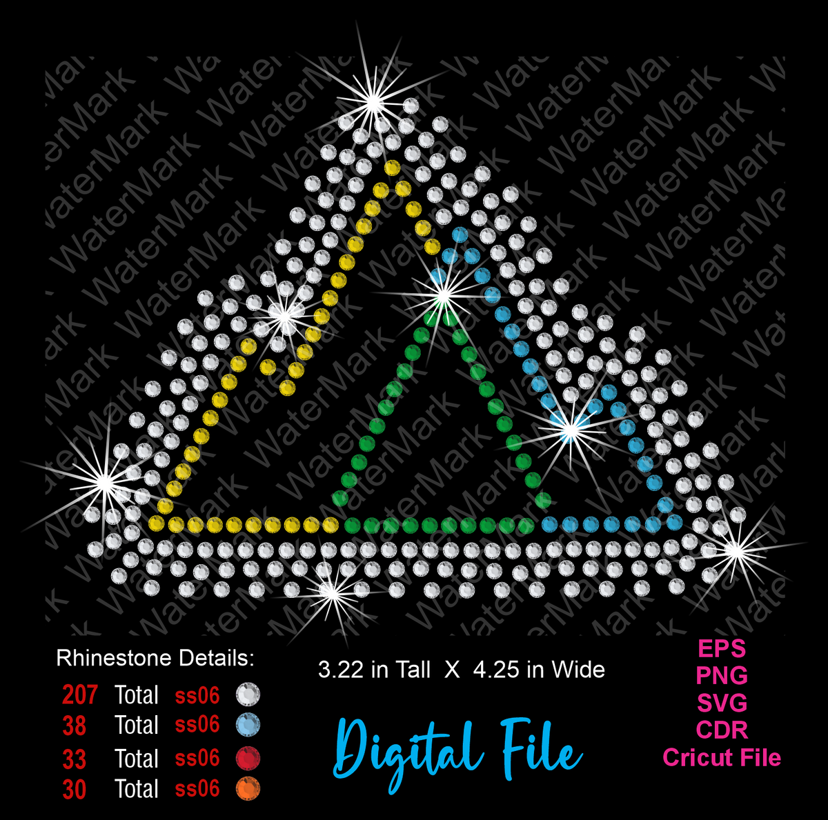 Summit mountain rhinestone digital design featuring a stylized mountain peak made with white, yellow, green, and blue rhinestones, with sparkling starburst accents. Design measures 3.22 inches tall by 4.25 inches wide and is available as an EPS, PNG, SVG, CDR, and Cricut digital file.