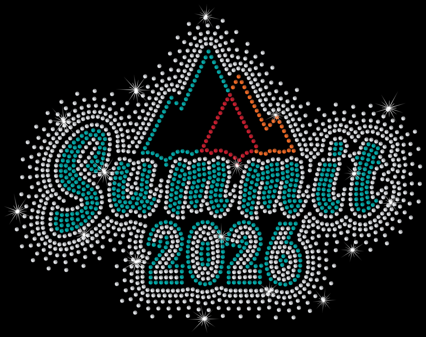 Decorative design with 'Summit 2026' text and rhinestone-like embellishments on a black background