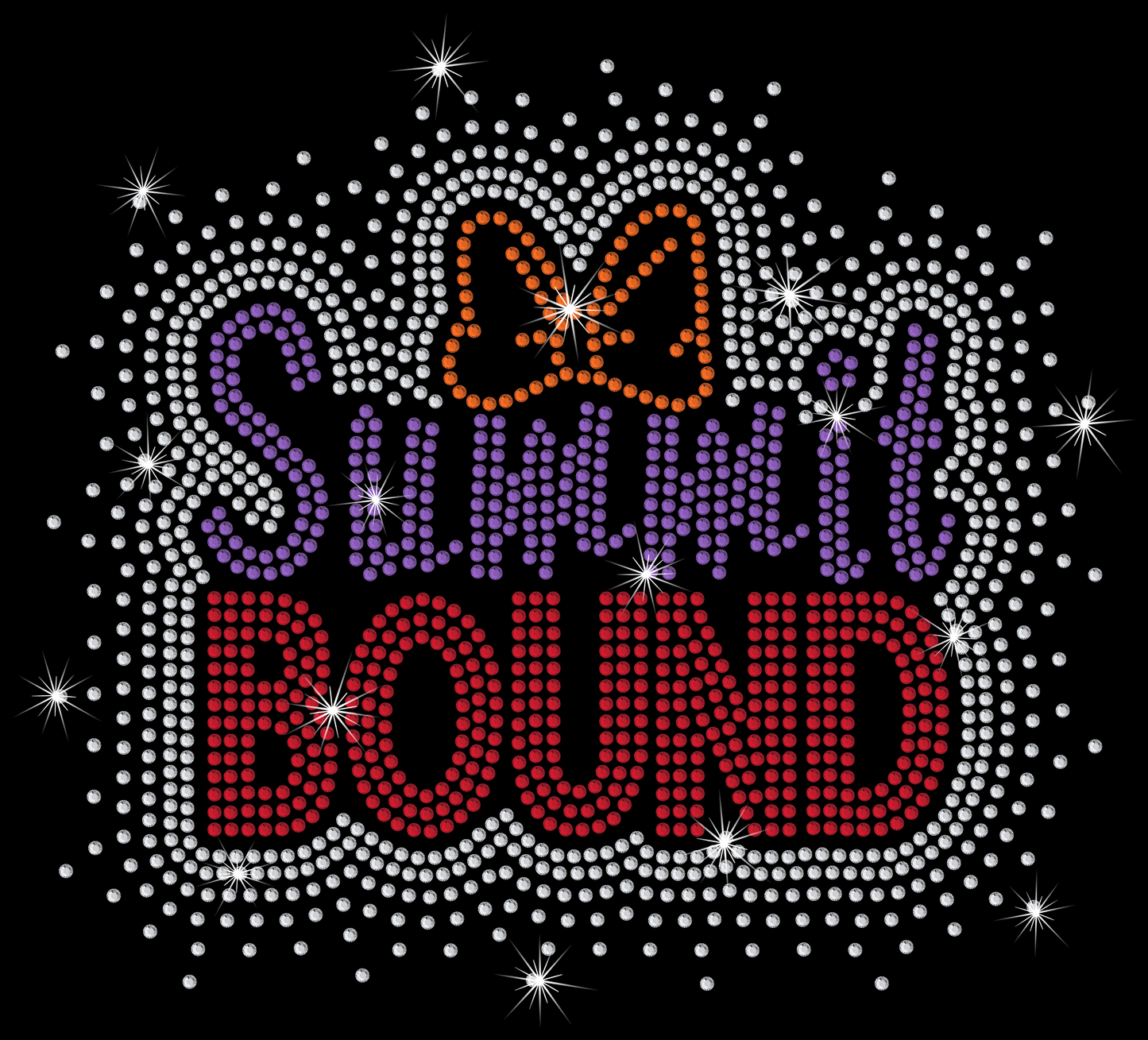 Decorative design with 'Summit Bound' text surrounded by rhinestones on a black background