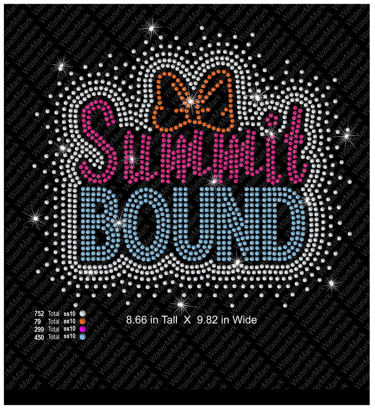 A rhinestone-style graphic design reading “Summit Bound” on a black background, with a crystal stone scatter, pink and blue lettering, an orange bow, and small sparkle accents. Text at the bottom shows dimensions and color counts.