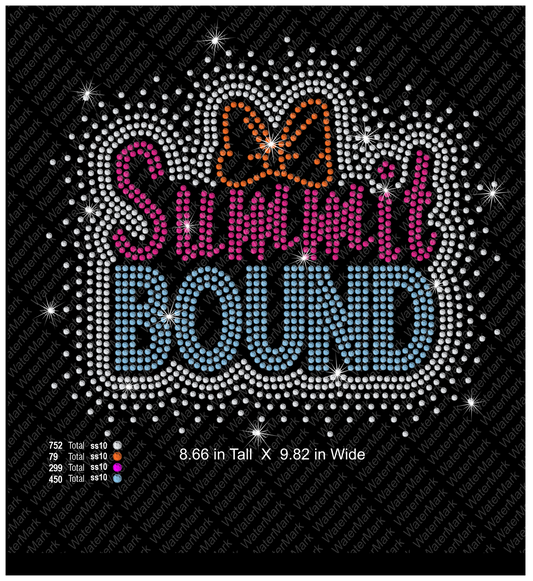 A rhinestone-style graphic design reading “Summit Bound” on a black background, with a crystal stone scatter, pink and blue lettering, an orange bow, and small sparkle accents. Text at the bottom shows dimensions and color counts.