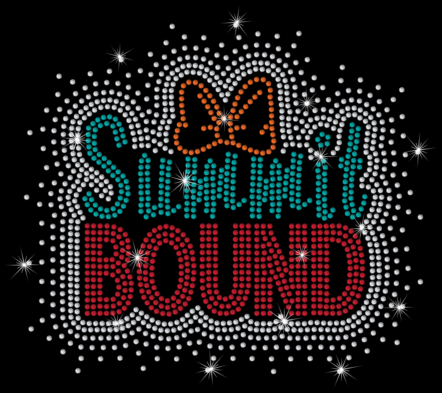 Decorative design with 'Summit Bound' text surrounded by rhinestones on a black background