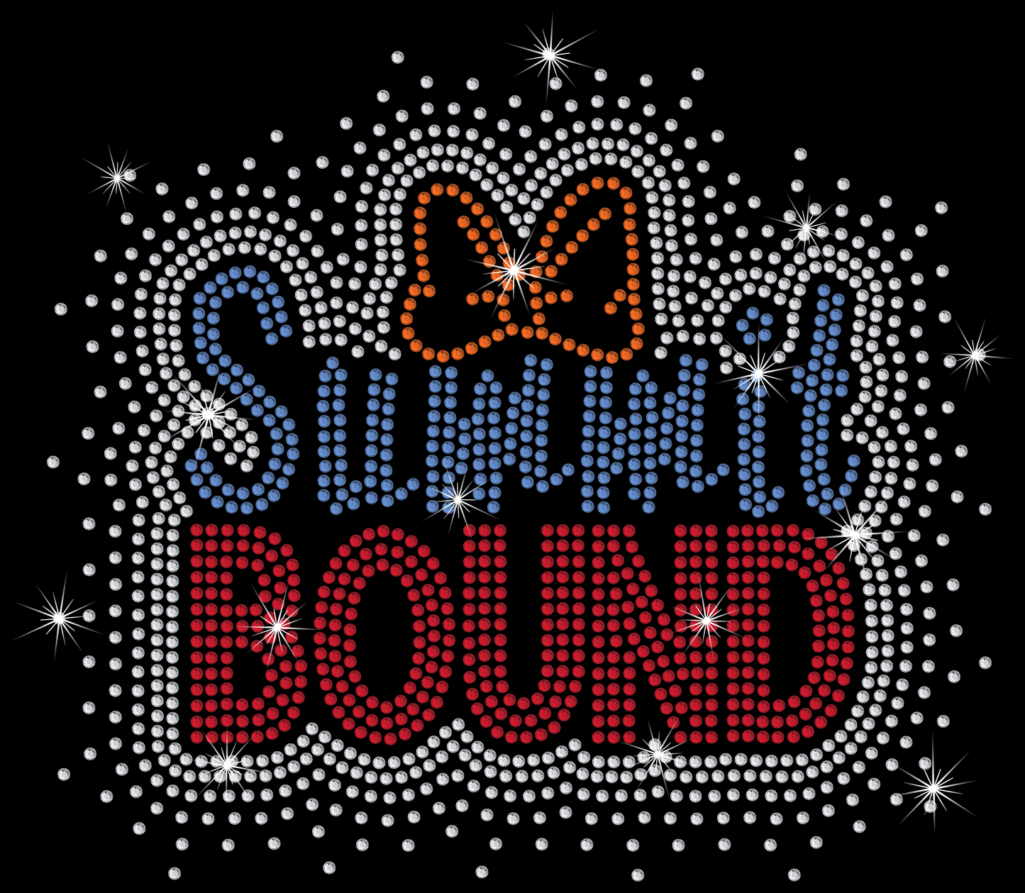 Decorative design with 'Summit Bound' text surrounded by rhinestones on a black background