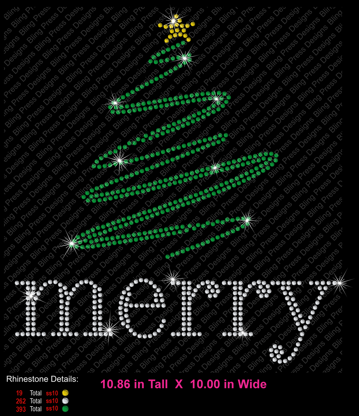 Christmas tree and 'merry' rhinestone design on a black background, with green rhinestones forming the tree, a gold star on top, and silver rhinestones spelling 'merry'. Text at the bottom shows rhinestone details and dimensions.