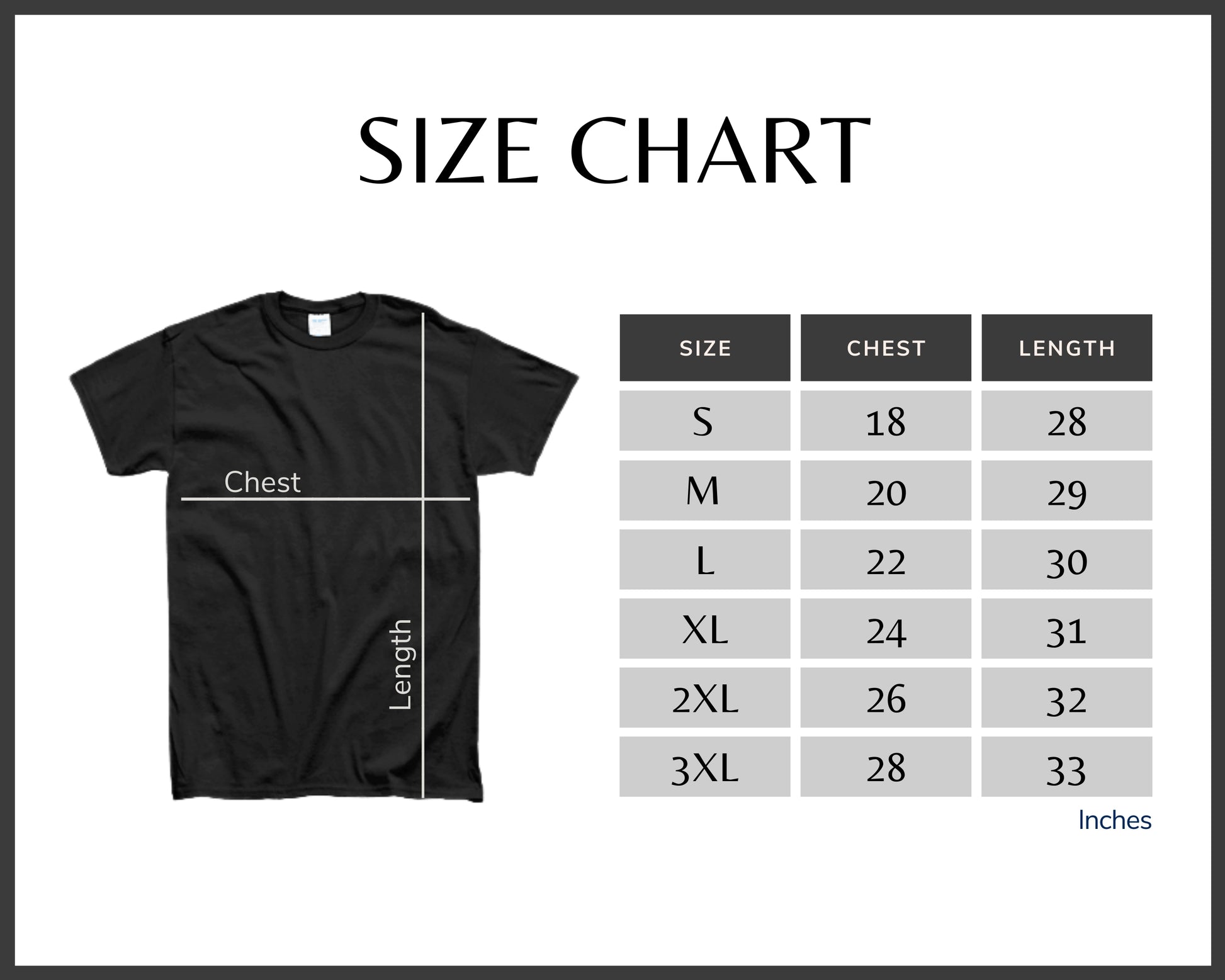 A table showing clothing size measurements for different body dimensions for each size from small to  3 extra large.