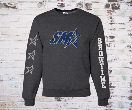 Pill-resistant crewneck sweatshirt featuring a glitter SMA logo on the front, glitter team name on the left sleeve, and glitter stars on the right sleeve.
