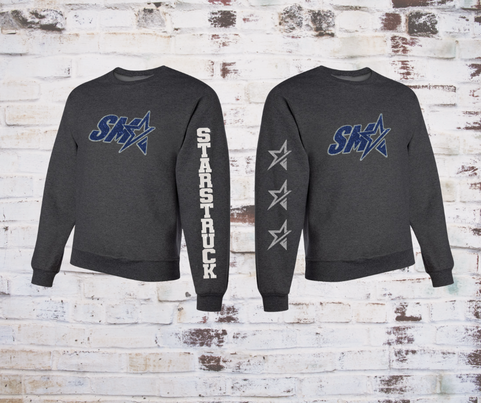 Pill-resistant crewneck sweatshirt featuring a glitter SMA logo on the front, glitter team name on the left sleeve, and glitter stars on the right sleeve.
