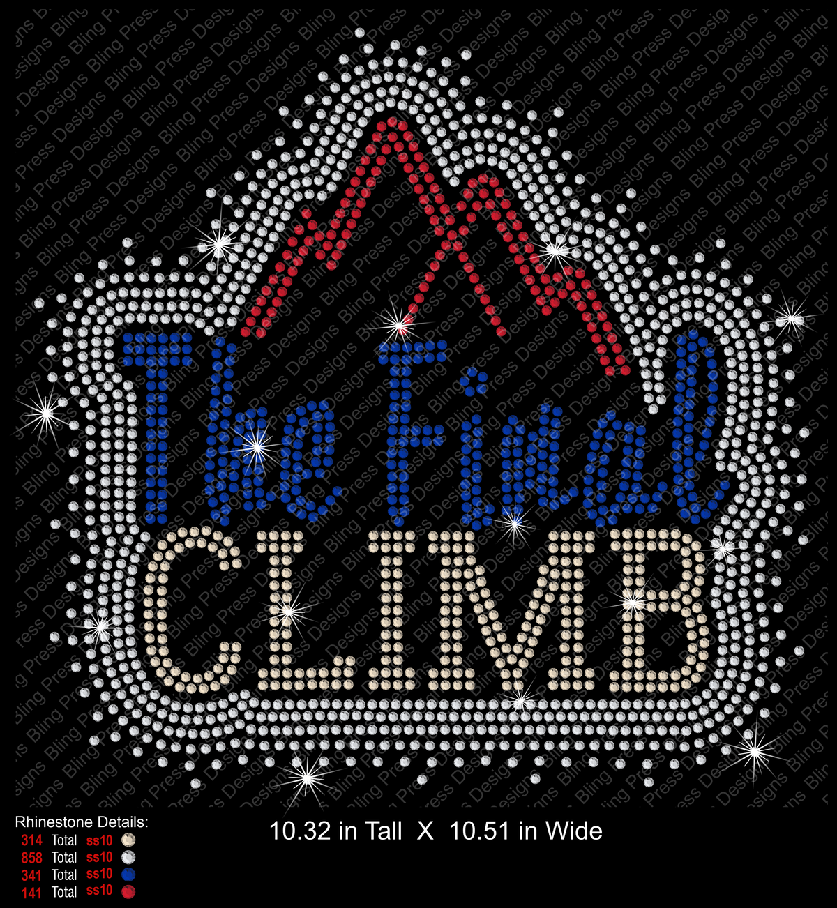 A rhinestone-style graphic design on a black background reading 'The Final CLIMB' with a red mountain peak above. The text is made of rhinestones in blue, red, and champagne/white tones, with small rhinestone detail notes in the lower left and size text along the bottom.
