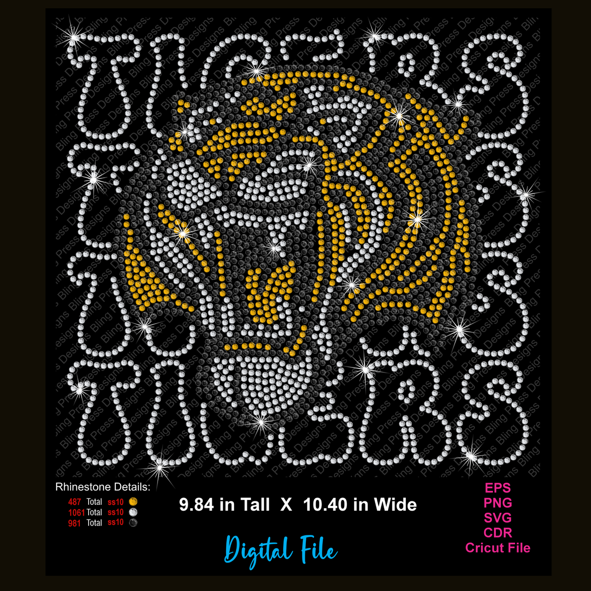 Digital design preview of a tiger head and the word 'TIGERS' made of rhinestones on a black background, with color counts, dimensions, and file format labels.