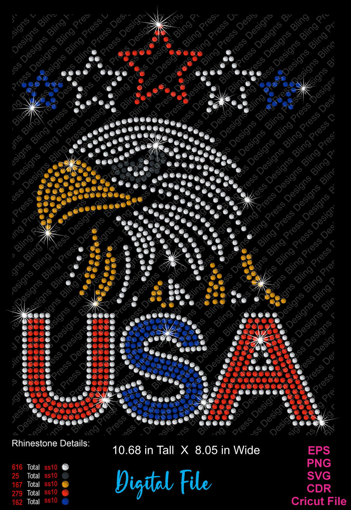 Digital file preview of a patriotic USA eagle design made of rhinestones on a black background, with white, red, and blue stars above and large USA lettering below. Text shows file details and formats.