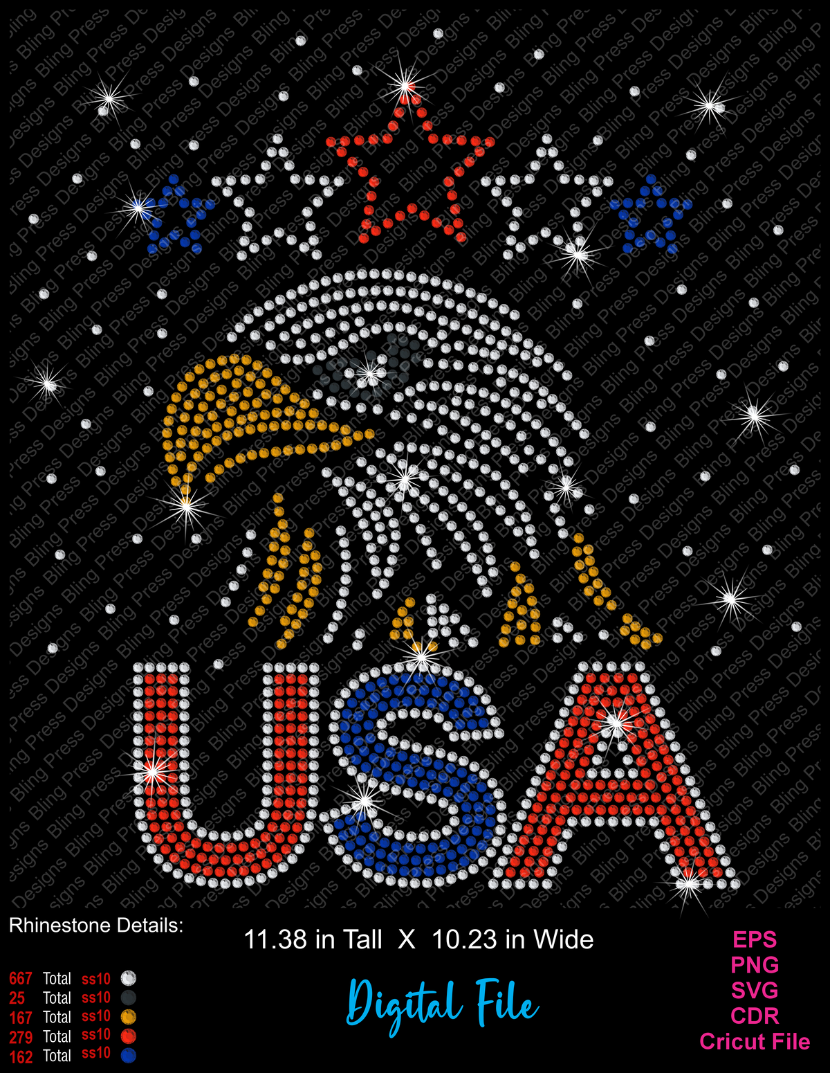 Digital design preview of a patriotic eagle and 'USA' text made of rhinestones on a black background, with star details and file format text.