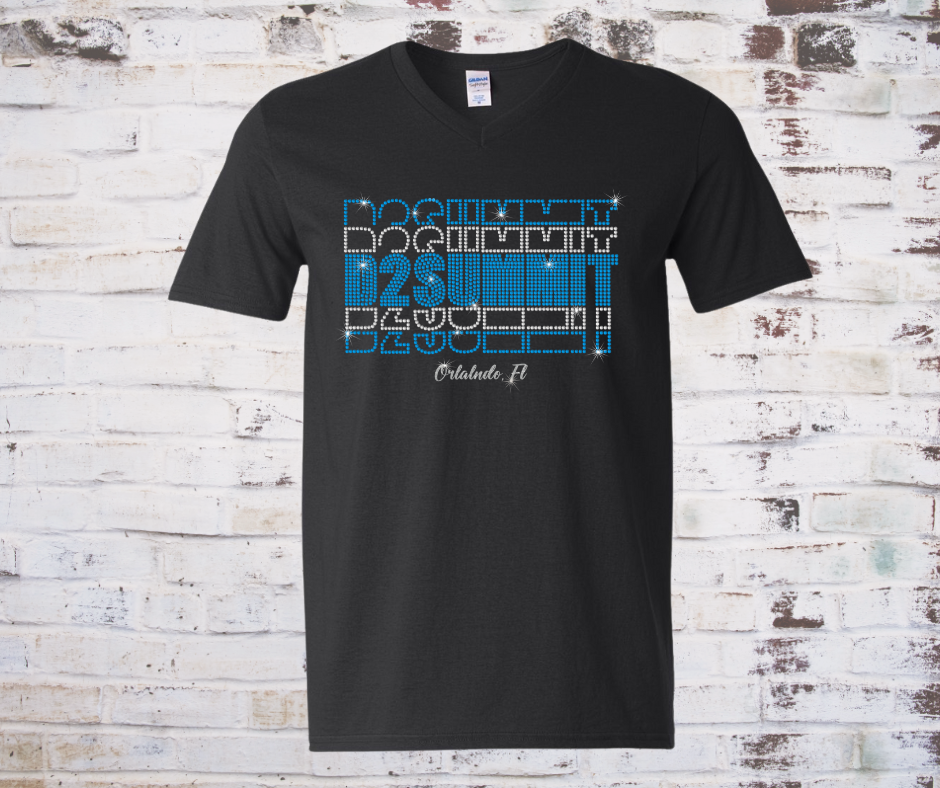 
**"Black D2 Summit V neck T-shirt featuring a sparkling rhinestone logo on the front, laid flat to show unisex fit and shimmer detail."**

