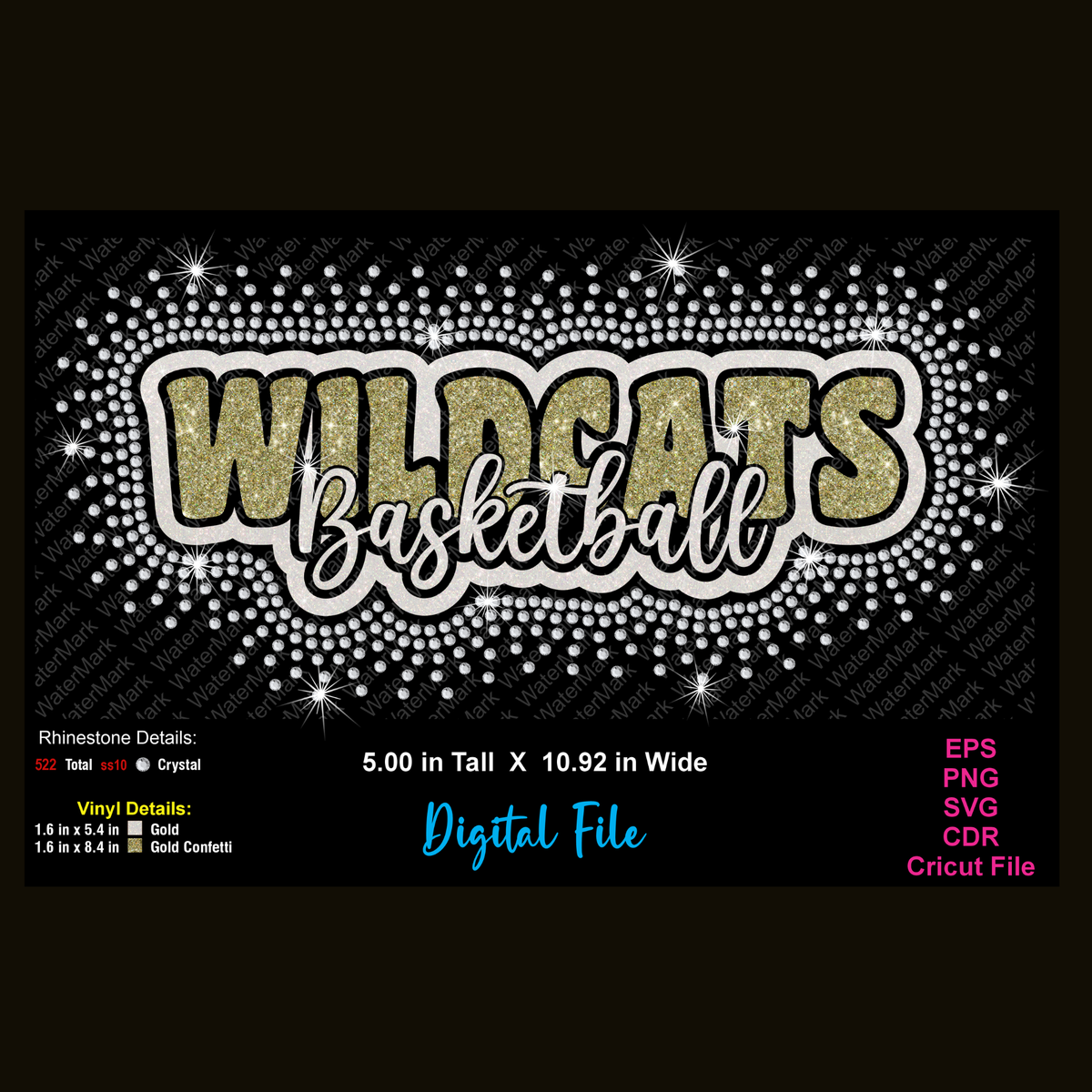 Wildcats Basketball graphic design featuring glittery gold and white lettering on a black background with a rhinestone dot pattern and star sparkles. Includes design details and sizes