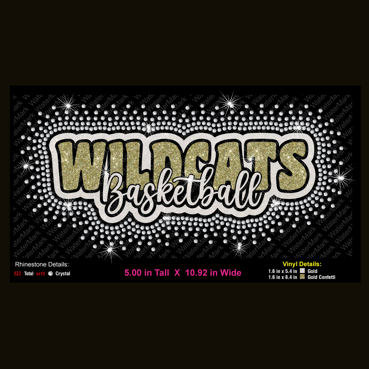 Wildcats Basketball graphic design featuring glittery gold and white lettering on a black background with a rhinestone dot pattern and star sparkles. Includes design details and sizes