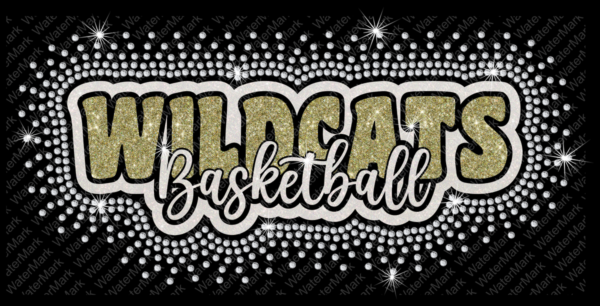 Wildcats Basketball graphic design featuring glittery gold and white lettering on a black background with a rhinestone dot pattern and star sparkles.