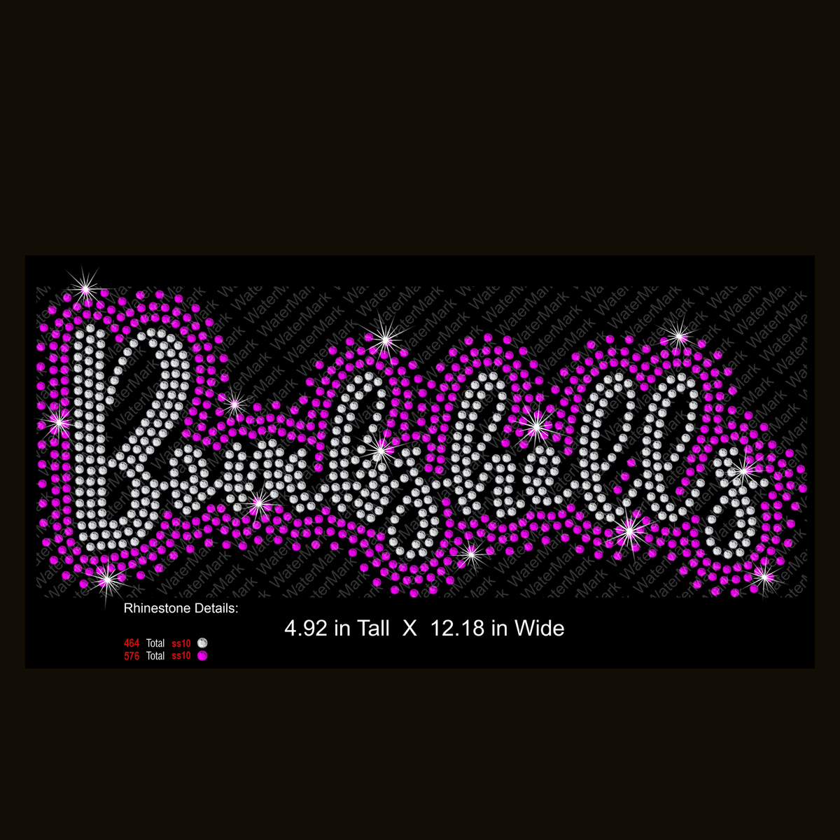 A rhinestone-style design reading 'Bombshills' in white and bright pink/magenta on a black background, with small sparkle graphics and text indicating dimensions and rhinestone counts.