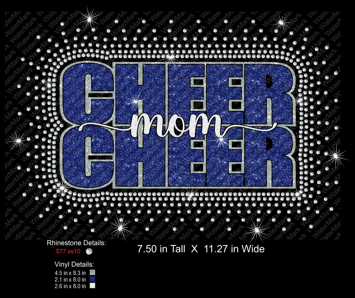 A rhinestone-embellished graphic reading “CHEER mom CHEER” in large blue letters on a black background, with rhinestone detail and vinyl size notes printed below.