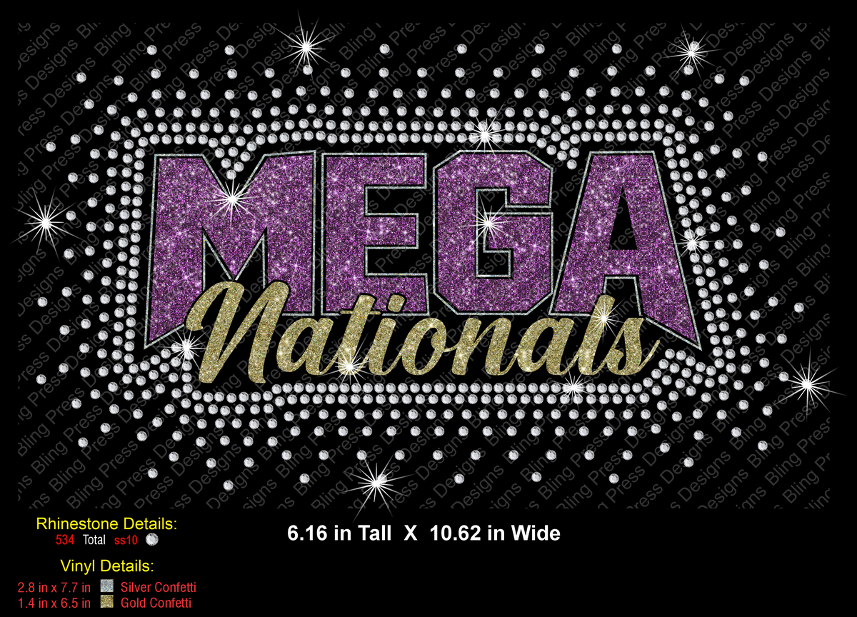 A rhinestone-style 'MEGA Nationals' graphic on a black background, with purple glitter-filled letters outlined in silver rhinestones and gold script text. White rhinestone dots form a decorative oval around the text.