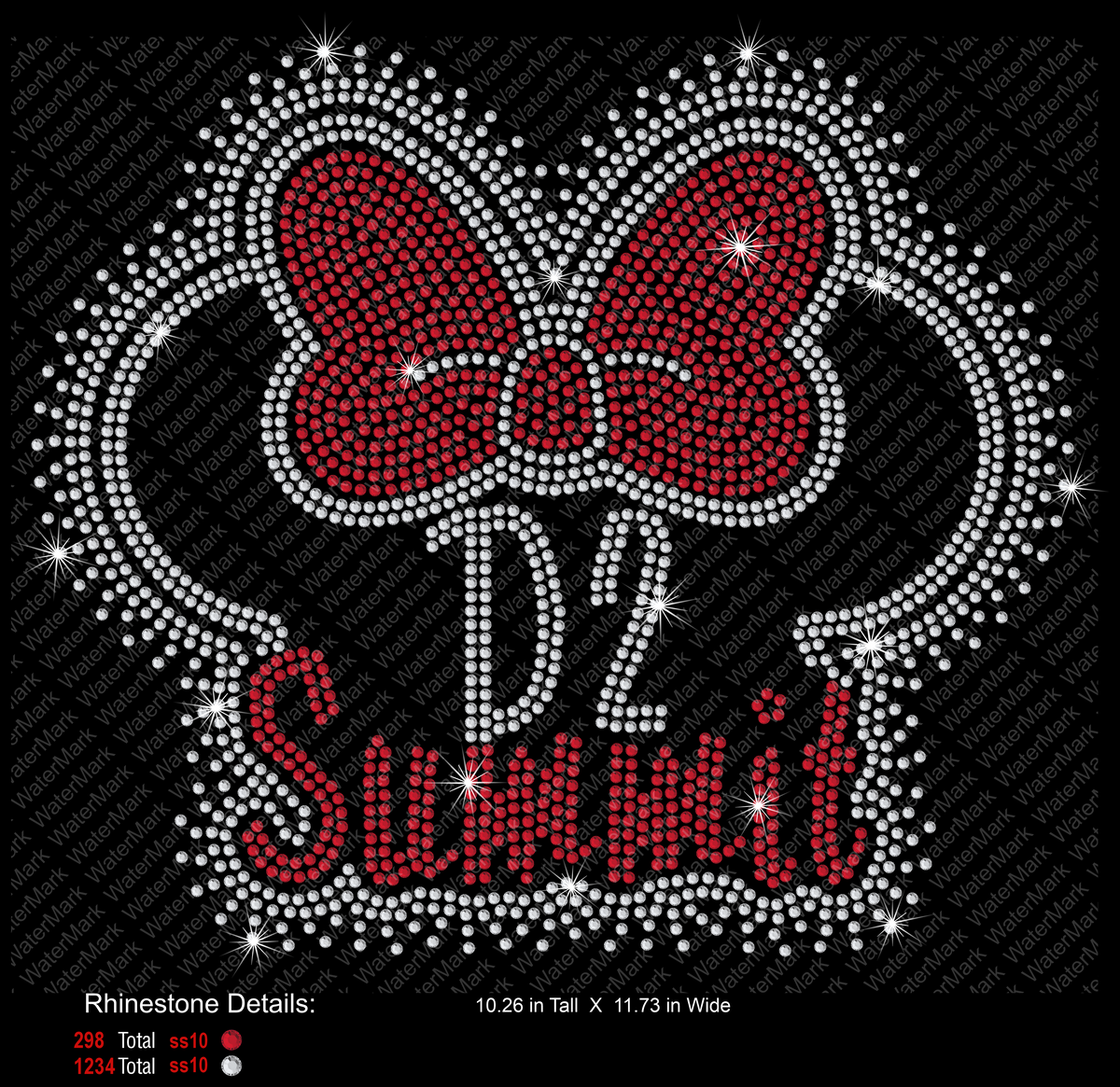 A rhinestone-style graphic design featuring a large red bow outlined in silver dots, with the text 'D2 Summit' below in red and silver rhinestones on a black background. Small rhinestone detail notes appear in the lower left corner.