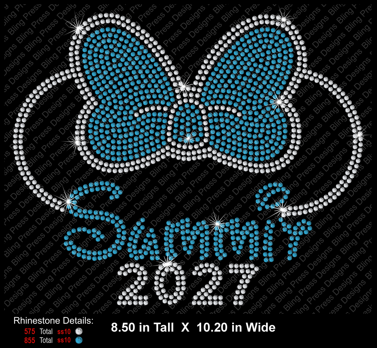 A rhinestone-style graphic design featuring a large blue bow outlined in silver stones above the text 'Summit 2027' in blue and silver. The image includes a repeated watermark reading Bling Press Designs and a small rhinestone detail label at the bottom with dimensions and color counts.