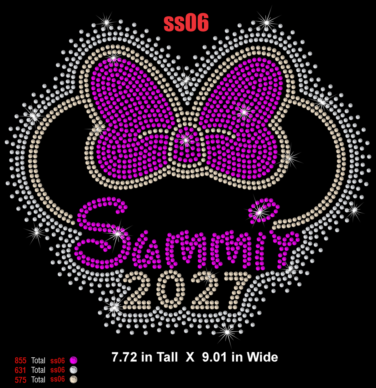 A rhinestone-style graphic design showing a large purple bow inside a gold circular outline, with the text 'Summit 2027' in purple and gold. With size details.