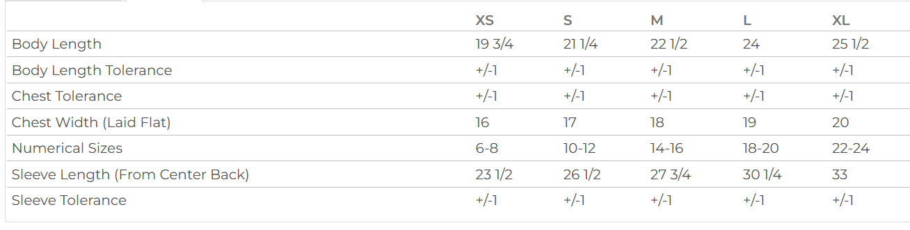 A table showing clothing size measurements for different body dimensions for each size from extra small to extra large.