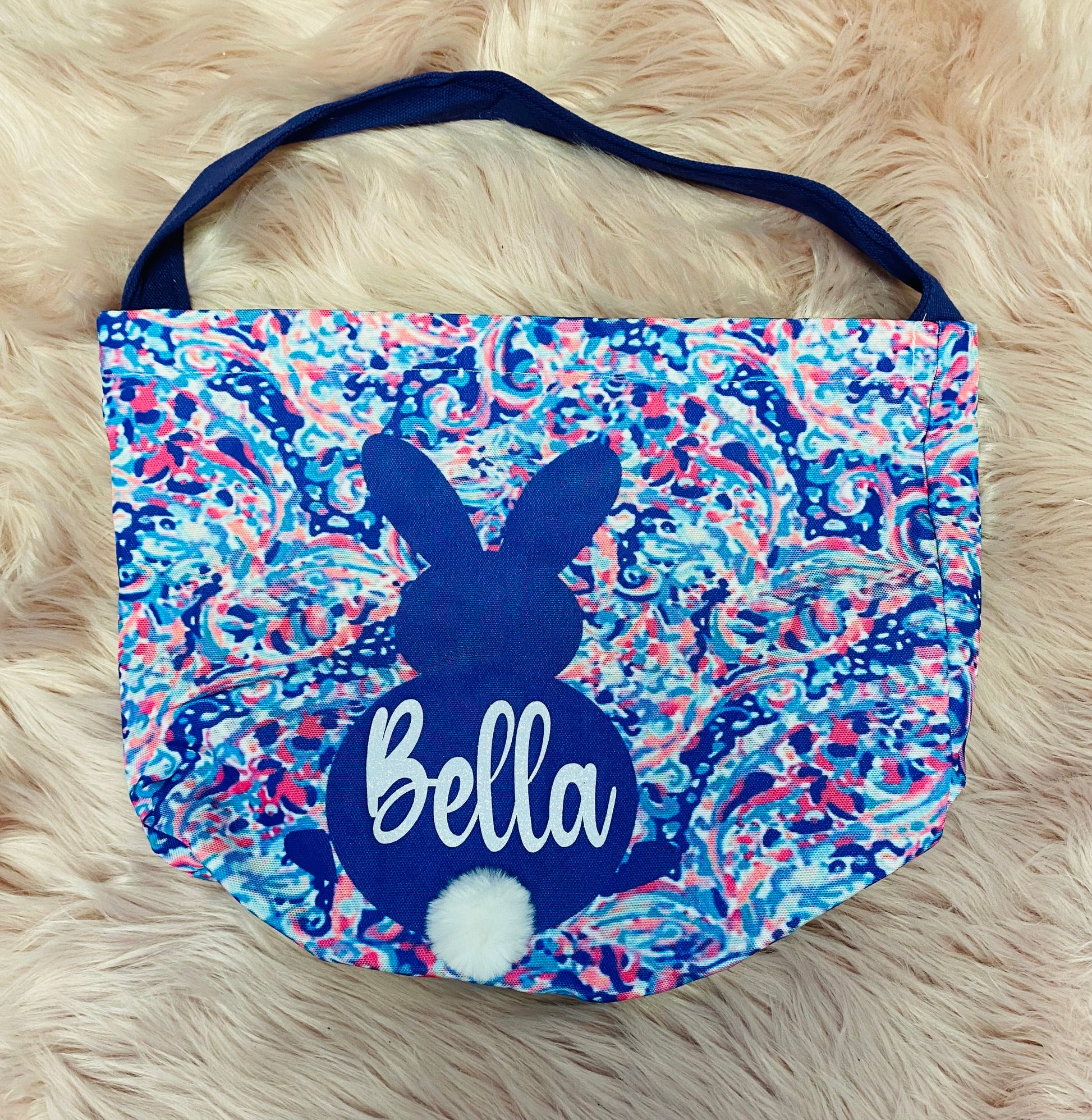 *Purple Paisley  personalized canvas Easter basket with glitter vinyl lettering, featuring a bunny silhouette with cotton tail, sturdy handle and a spacious design, perfect for Easter egg hunts and gifts. 