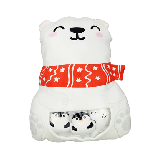 A set of a Polar Bear Pillow and mini plushies, featuring soft, cuddly designs with adorable details. The pillow is shaped like a polar bear, and the mini plushies are small, cute versions of penguins and seals, perfect for snuggling or decorating.